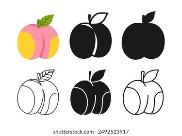 Peach symbol cartoon set. Whole ripe peach linear doodle icon. Abstract colorful childish hand drawn fruit. Sign graphic stylized peach silhouette shape, simple art. Vector graphic trendy illustration