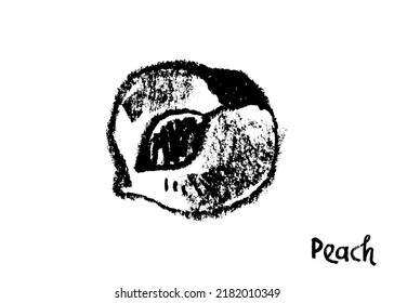 Peach symbol isolated. Black hand drawn nectarine sketch drawing. Stencil style icon of plum illustration for baby food logo, juice label design, prune sign, fruity packaging. Vector apricot insignia.