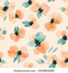 Peach and teal watercolor flowers on a cream background, Flower seamless pattern. Watercolor print in rustic vintage style, textile or wallpapers.