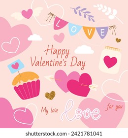 Peach tone. Peach Fuzz. Valentine's Day inscription, birds, postcard with a bouquet of flowers, many hearts, love, elements and patterns, templates for lovers. Cake and clouds.
