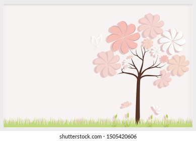 Peach tone leaf tree flower paper cut border background-Vector Illustration