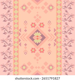 Peach toned geometric textile pattern with floral and Greek key design elements