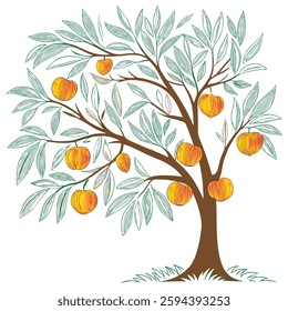 A peach tree adorned with narrow, pointed leaves and delightful fuzzy, orange peaches. A vibrant representation of nature's beauty and seasonal charm.