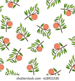 Peach tree branch with leaves and fruit. Seamless pattern