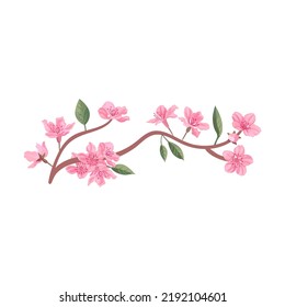 Peach tree branches with leaves. Flat vector illustrations for spring in Asia, nature, blooming. Sakura blossom