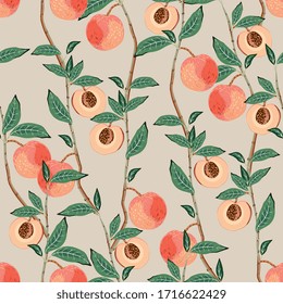 Peach tree branches with leaves and fruits on a light beige, cream background. Vector seamless hand-drawn illustration. Square repeating pattern for fabric and wallpaper.