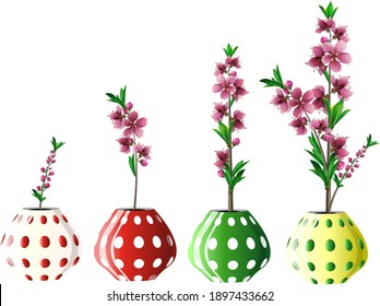 peach tree with flowers grows in a flowerpot