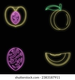 Pfirsichbaum schneidet Fruchthalbsymbole Set. Umrissgrafik von 4 Pfirsichbaum Slices Fruchthalb Vektorsymbole Neonfarbe auf Schwarz
