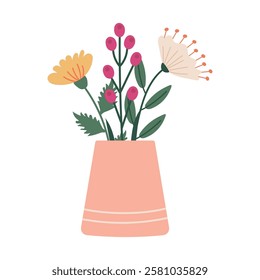 Peach Vase with flowers of different kinds. Vector illustration for posters, banners, flower markets, stickers