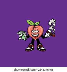 peach vector character cartoon mascot smoking blunt from weed flower bud nug cannabis and money