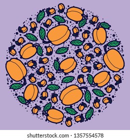 Peach vector circle pattern. Funny doodle healthy food on a light background