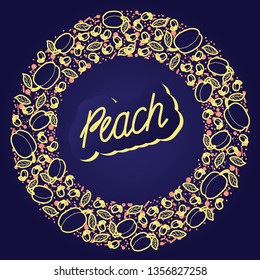 Peach vector circle pattern with lettering. Funny doodle healthy food on a dark background