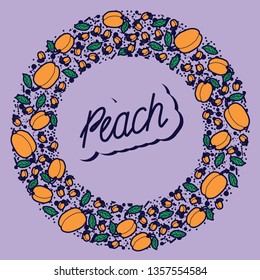 Peach vector circle pattern with lettering. Funny doodle healthy food on a light background