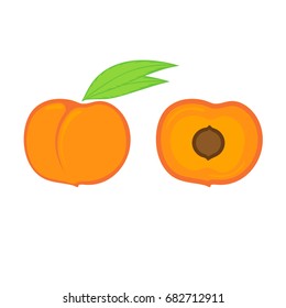 Peach vector icon, isolated on white. Half and whole of a peach with leaves. Eps 8