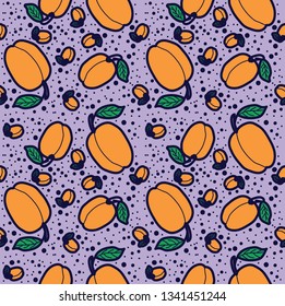 Peach vector lines seamless pattern. Funny doodle healthy food on a light background.
