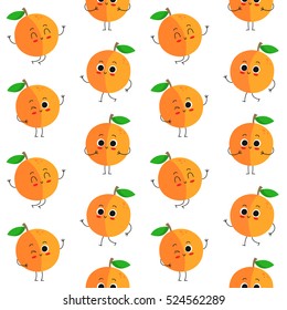 Peach, vector seamless pattern with cute fruit characters isolated on white