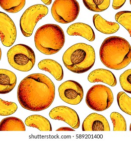 Peach vector seamless pattern. Hand drawn full and sliced pieces background.  Summer fruit artistic style illustration. Detailed colorful vegetarian food drawing.