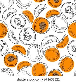 Peach vector seamless pattern. Hand drawn background.Food ingredient sketch. 
