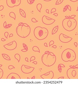 Peach vector seamless pattern in outline style. Fruit for package, kitchen design, fabric and textile