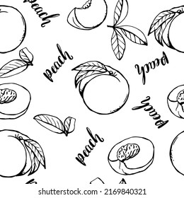 Peach vector seamless pattern with peaches on a branch, sliced peach, peach leaves, lettering peach. Repeating background for textile design, print .