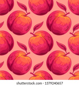 Peach vector seamless pattern. Summer fruit hands drawing background. Duo tone illustration. Template for design, wrapping paper, textile.