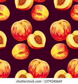 Peach vector seamless pattern. Summer fruit hands drawing background. Template for design, wrapping paper, textile.