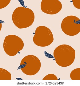 Peach vector seamless pattern. Trendy fruits background.  Summer pattern for decoration design, nursery, textile. Tropical backdrop. Vegetarian healthy food illustration