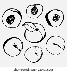 Peach vector set of stock illustrations in hand drawn doodle style. Black line art on white. Whole peaches, sliced peaches.