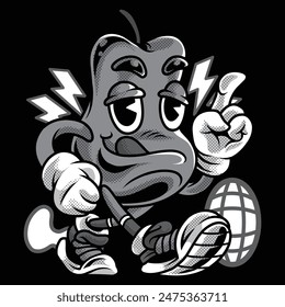 Peach Walk Retro Cartoon in Black and White Illustration