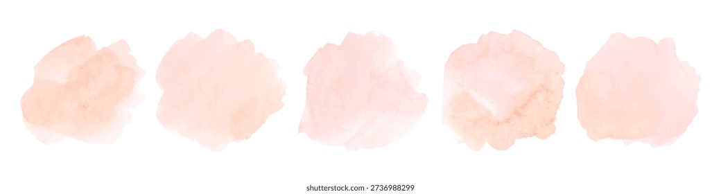 Peach watercolor splash set with soft coral and rose tints form vector abstract background, featuring gentle blotch patterns and light pastel washes ideal for creative projects.