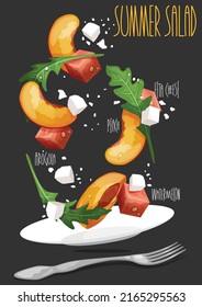 Peach, watermelon salad. Vector illustration