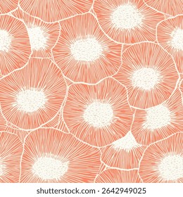 Peach and white abstract fabric pattern, with geometric circular flowers. on linen fabric print pattern, cotton, silk, vector illustration, doodle summer, kids and baby designs for print fabric.