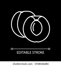 Peach white linear icon for dark theme. Fresh nectarine. Nutrient food. Dietary recipe ingredient. Thin line customizable illustration. Isolated vector contour symbol for night mode. Editable stroke