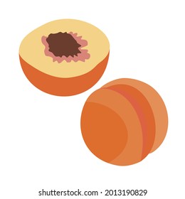 The peach is whole and cut with a bone. Healthy sweet fruit, source of vitamins and minerals, vegetarianism, healthy food. Hand-drawn vector, flat. For culinary and agronomic reference books, recipes.