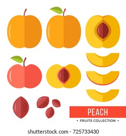 Peach. Whole peach and parts, slices, pits, leaves, core. Set of fruits. Flat design graphic elements. Vector illustration isolated on white background