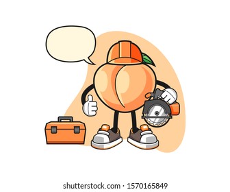 Peach woodworker with speech bubble cartoon. Mascot Character vector.