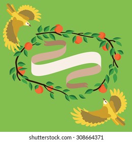 Peach wreath with two yellow flying birds and ribbon illustration