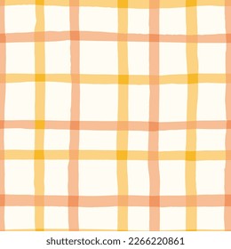 Peach and Yellow Watercolor Hand-Drawn Windowpane Plaid Vector Seamless Pattern. Romantic Artistic Cottagecore Checks. Homestead Farmhouse Print. Pastel Summer Graphic Background