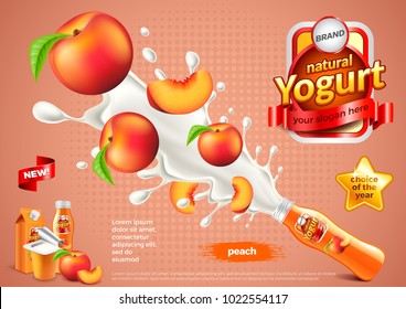 Peach yogurt ads. Bottle explosion. 3d illustration and packaging