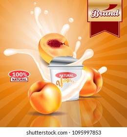 Peach yogurt adsSplashing scene with package and fruits. Editable mockup.