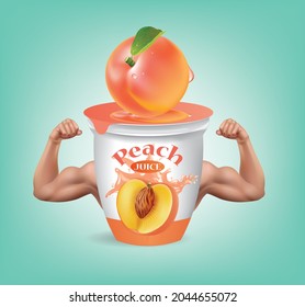 Peach Yogurt Cup with strong arm muscles.illustration vector