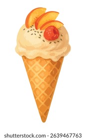 Peach yogurt ice cream with peach slices and chia seeds – vector illustration isolated on white.
