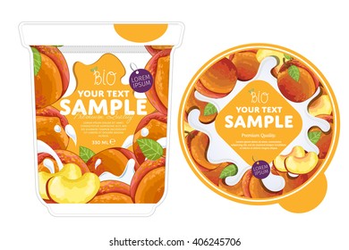 Peach yogurt package. Natural peach yogurt nutrient product illustration. Package design presentation isolated on white background. Branding milky fruit food container with foil lid vector set
