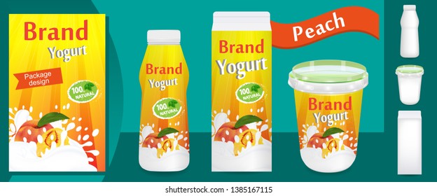 Peach Yogurt packaging design or ads. 3d illustration template various packages for yogurt products. Applicable for branding, design presentation. Vector illustration.