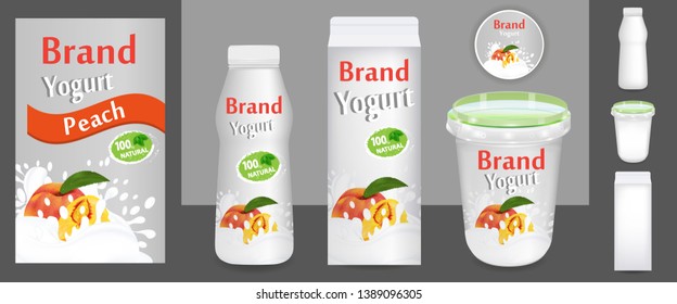 Peach Yogurt packaging design or ads. Template various packages for yogurt products 3d illustration. Applicable for branding, design presentation. Vector illustration.