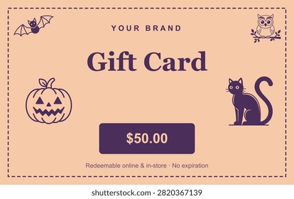 A peach-colored gift card featuring Halloween graphics like a bat, owl, cat, and jack-o'-lantern with a $50 value