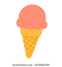 Peach-colored ice cream scoop in waffle cone on white background, perfect for fruity dessert themes and summer food projects