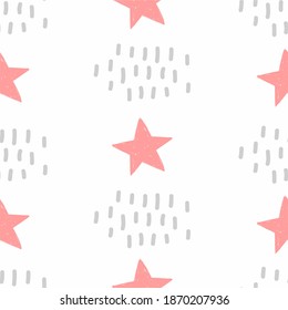 Peach-colored stars and gray spots on a white background, a cute seamless pattern, ideal for applying to fabrics or paper, for interior decoration, poster or postcard