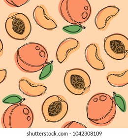 Peaches and apricots hand draw vector seamless pattern.