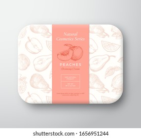 Peaches Bath Cosmetics Package Box. Abstract Vector Wrapped Paper Container with Label Cover. Packaging Design. Modern Typography and Hand Drawn Fruits, Citrus Background Pattern Layout. Isolated.